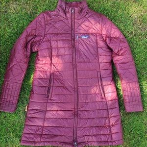 Long maroon Patagonia down jacket
